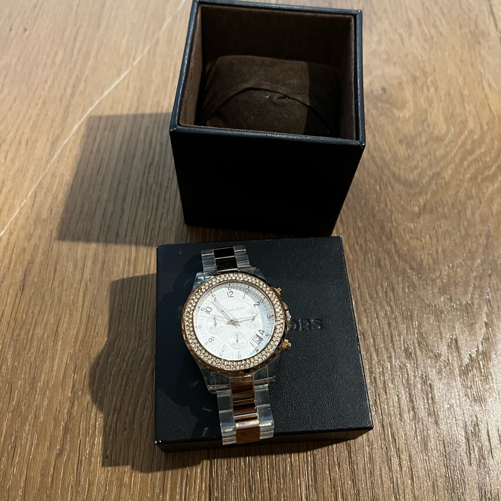 Michael Kors rose gold and lucite watch with box